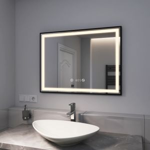 EMKE LED Badspiegel mit Rahmen 80x60cm Badezimmerspiegel Lichtspiegel Wandspiegel mit Touch-Schalter, Beschlagfrei und Uhr