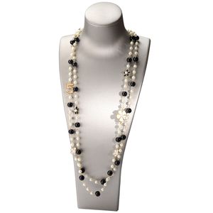 Damen-Halskette, doppellagig, Kunstperle, Blume, Zahl 5, Anhänger, lange Halskette, Schmuck, Geschenk-Schwarz