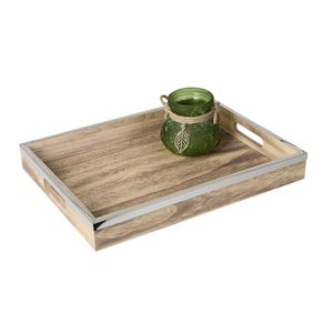 Formano Deko Tablett aus Holz mit Griffen und Edelstahlkante, 40 cm, natur-silber