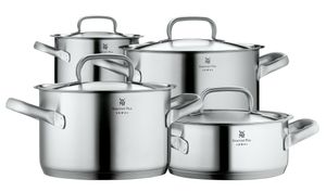 WMF Gourmet Plus Topfset Induktion 4-teilig, Kochtopf Set mit Metalldeckel, Cromargan Edelstahl mattiert, Töpfe Set unbeschichtet, Innenskalierung