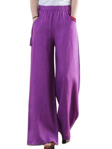 Damen Leinen Hose Weitem Bein Sommerhose Baumwolle Leinenhose Strandhose mit Taschen Violett,Größe:M