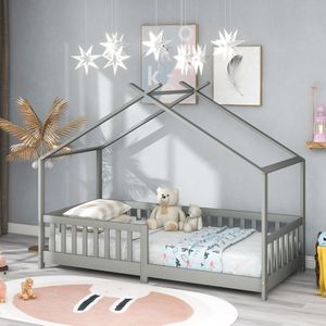 Flieks Kinderbett Schönes Hausbett mit Rausfallschutz für Kinder- und Jugendzimmer, 90x200cm