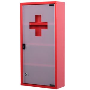 HOMCOM lékárnička lékárnička se 3 úrovněmi lékárnička se zámkem lékárenská skříňka s dveřmi z matného skla ocel červená 27 x 57 x 12 cm