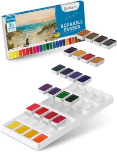 Aquarellfarben Set [ Beste Pigmente & extrem ergiebig ] für Kinder & Erwachsene + Videokurs für Anfänger | 24 leuchtende Wasserfarben