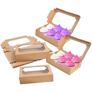 BELLE VOUS Braune Papier Cupcake Box mit Sichtfenster (20 Stück) - 20,3 x 13,5 x 5 cm - Einweg-Transportbox - Cookies, Cupcakes, Desserts & Torten - Muffin Transportbox