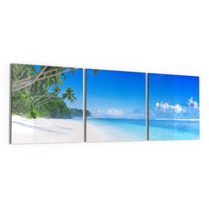 DEQORI Glasbild Echtglas 3x50x50 cm 'Palmen am Sandstrand' Wandbilder XXL groß