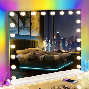 VANITII Hollywoodske zrkadlo s osvetlením RGB 100 cm x 80 cm s 20 stmievateľnými lampami 3 svetelné režimy HD tvrdené sklo pre toaletný stolík do kúpeľne Biela