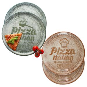 4x Pizzateller creme & grün Ø33cm 4 Personen XL-Teller Dekor Platte Schrift