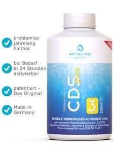 AQUARIUS pro life ® - CDSplus 250 ml - patentierte Chlordioxid Lösung I CDL Tropfen I Chlorine Dioxide Solution I auf Wunsch aktivierbar I Das Original