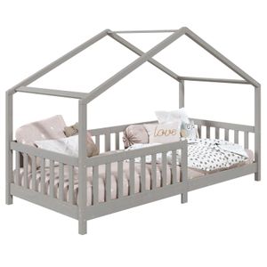 Hausbett LISAN aus massiver Kiefer in grau, schönes Montessori Bett in 90 x 200 cm, stabiles Kinderbett mit Rausfallschutz und Dach