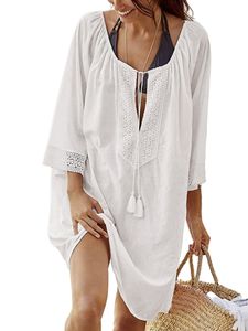 Frauen Bikini Cover Up Badeanzug V-Ausschnitt Midi Kleid Badebekleidung Beachwear T-Shirts,Farbe: Weiß,Größe:Einheitsgröße