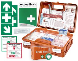 Erste-Hilfe-Koffer (mit Füllung nach aktueller DIN 13157) - incl. Verbandbuch & Wandhalterung für Betriebe + Folien-Aufkleber 1.Hilfe-Kennzeichnung