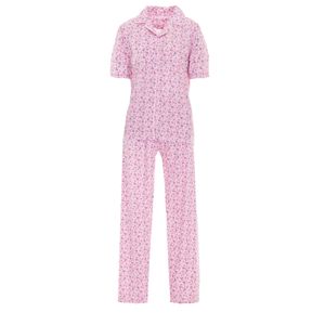Lucky Pyjama lange Hose allover Print T-Shirt uni mit Blumen Druck und Knopfleiste Schlafanzug, Größe:L, Farbe:Rosa