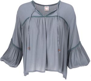 Luftige Boho Bluse mit Spitze, Maxibluse mit Langen Ärmeln - Blaugrau, Damen, Viskose, Blusen & Tunikas