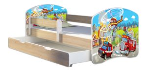 ACMA Jugendbett Kinderbett Junior-Bett Komplett-Set mit Matratze Lattenrost und Rausfallschutz Sonoma 36 Feuerwehr 180x80 + Bettkasten