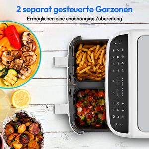 MEDION P20 XXL Heißluftfritteuse mit 2 Kammern (8,7 Liter, Airfryer, 2.600 Watt, Doppelkammer, 9 Automatikprogramme, 2 Schubladen, Sichtfenster, Dualer Airfryer, Dual Cook & Sync-Finish Funktion) weiß