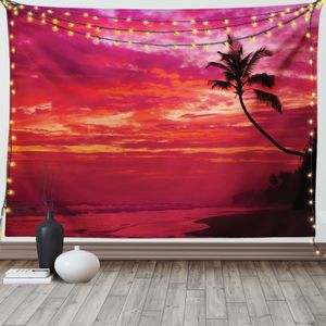 ABAKUHAUS rot Wandteppich, Tropische Insel Strand Palmen, Wohnzimmer Schlafzimmer Heim Seidiges Satin Wandteppich, 200 x 150 cm, Rot