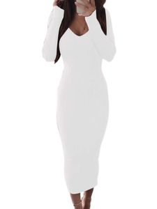 Damen Strickkleider V-Ausschnitt Langes Bodycon Kleider Lässige Pullover Maxi Kleid Weiß,Größe L