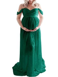 Damen Abendkleider Mutterschaft Kleid Lange Schwangerschaft Kleider Elegant Ballkleid Dunkelgrün,Größe S