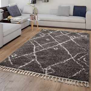 Wohnzimmerteppich Hochflor Langflor Abstrakt Mit Fransen Skandinavischer Stil Größe 80x150 cm