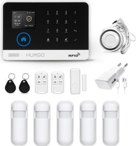 HUXGO HXA003 WLAN + GSM Funk Alarmanlage mit 5 Bewegungssensoren, Alarm für Büro, Haus, Wohnung, Garage, Steuerung über das Handy, TUYA Smart Anwend