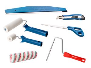 Tapezier-Set - 7-teilig - Tapezierbeschneidelineal 60cm, Schere und Cuttermesser, Kleisterwalze mit Bügel, Tapetenandrückroller 15 cm, Nahtroller 5cm - Renovier-Set…