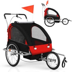 Jago® Fahrradanhänger - Für 2 Kinder, Klappbar, mit Kupplung, Fahne, Bremse, Vorderrad, 5-Punkt Sicherheitsgurt, Rot - Kinderanhänger, Kinderfahrradan