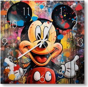 DEQOART Glasuhr 30x30 cm Zahlen 'Mickey im Farbenzauber' Wanduhr Glas Uhr Design leise Küchenuhr