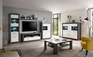 Etero Wohnwand Set 464cm dark concret / weiß Hochglanz Highboard Modern