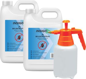 INSIGO 2x2L + 2L Sprüher Anti-Milbenspray, Mittel gegen Milben Milbenbefall Milbenfrei Schutz gegen Eier auf Wasserbasis, fleckenfrei, geruchlos, mit Schnell- & Langzeitwirkung frei EX