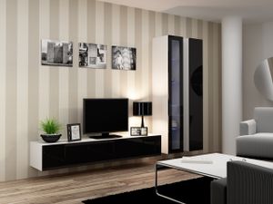 Wohnwand Wohnzimmer - Set Schrankwand VIGO 3B weiß / schwarz Hochglanz 3tlg mit hängendem TV-Schrank hängende Vitrine Hängeschrank  260cm breit