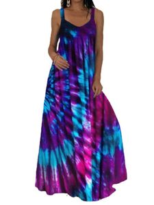 Damen ärmelloses Langkleid Feiertag Krawatte Dye Maxi Kleider lässig floraldrucks Sommerstrand Sund.,Farbe:Violett,Größe:5xl