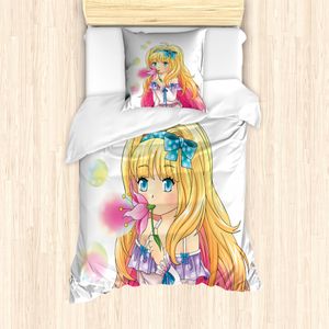 ABAKUHAUS Anime Mantele, Manga Cartoon-Grafik, Milbensicher Allergiker geeignet mit Kissenbezügen, 135 cm x 200 cm - 80 x 80 cm, rosa Gelb