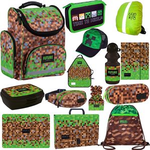 Set 14er Minecraft Schulrucksack Ranzen Federmappe Turnbeutel Brotdose Trinkflasche Gürteltasche Gummizugmappe Tischunterlage Aktentasche Schürze Minecraft Motiv ab der 1. Klasse