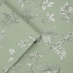 Laura Ashley Vlies Tapete | Elderwood Sage Blumen und Beeren Grün 10 m x 0.52 m