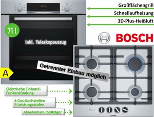 BOSCH Backofen-Set HBA 3140S0 versenkbare Drehregler + PCP 6A5B90 GAS Kochfeld 60cm