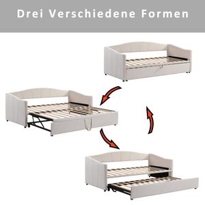 Merax Tagesbett 90x200cm/180x200cm Ausziehbett, Erweiterbares Schlafsofa mit Lattenrost und Armlehnen, Samt Polsterbett Kinderbett Sofabett, Beige