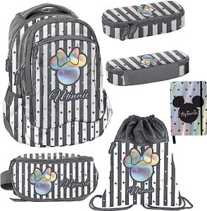 5er SET Mädchen Schulrucksack Minnie Mouse Disney Rucksack Federmappe Stiftetasche Gürteltasche Tagebuch Turnbeutel Grundschule