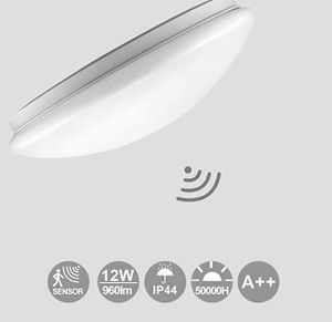 Wolketon Lampa sufitowa LED z czujnikiem ruchu wewnętrzna 12W Šµ26cm okrągła lampa sufitowa ciepła biel do łazienki balkonu salonu przedpokoju