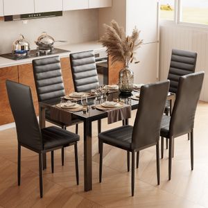 Jedálenský set Bealife, jedálenský stôl a 6 stoličiek, Imitácia kože, sklenená doska stola (130x70 cm)