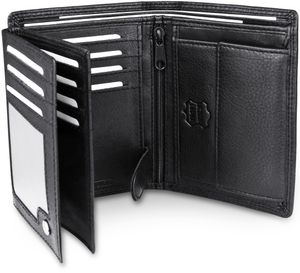 Herren Geldbörse aus Nappa Leder, 15 Kartenfächer, RFID Schutz, Hochformat Portemonnaie für Männer, Schwarz