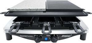 Premium Raclette mit Edelstahlgehäuse, Antihaft-Druckguss-Grillplatte, Natursteingrillplatte, Inkl. wendbarer Guss-Pfanne mit glatter Fläche