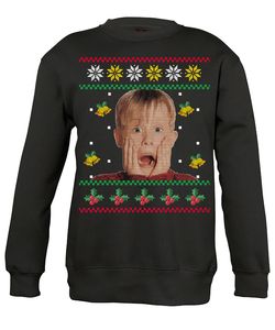 Kevin Allein Zuhause Ugly Christmas Pullover Sweatshirt, Schwarz, S, Vorne