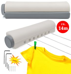 Wandtrockner 14m Wäscheleine aus Kunststoff mit Wäscheseil und 4 Leinen ausziehbar automatisch trocknen Wäsche mit praktischer Aufroll-Automatik zur Wandmontage
