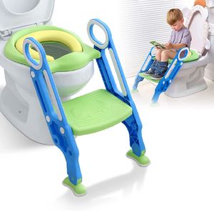ACXIN Toilettensitz Kinder mit Treppe Faltbar Töpfchentrainer Höhenverstellbar WC Trainer mit PolyurethanGepolstert Kissen und Griffen Töpfchen (Blau und Grün)