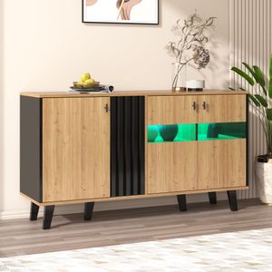 Merax Kommode inkl. LED-Beleuchtung, Sideboard mit 3 Türen und 6 Fächer, Anrichte Buffet Landhaus Aufbewahrung Schrank 140x78x41cm, Natur/Schwarz