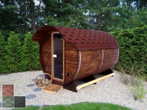 Finn Art  Fass-Sauna Kari 5, ohne Saunaofen, Dachschindeln grün - Hexagonal