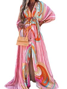 Damen Fledermaushülsen Maxikleider Sommer Schnürung Strandkleid Urlaub Mode Long Kleid Rosa,Größe M