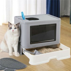 WISFOR Box na podstielku pre mačky s výsuvným zásobníkom, box na podstielku s lopatkou, box na podstielku s kapucňou a masážnou doskou, skladací prenosný box s dvojitými dvierkami