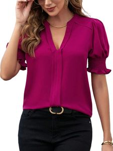 Damen T-Shirts Kurzarm Bluse Lose Tunika Shirt Casual Button Down V-Ausschnitte Tops Rose Rot,Größe S